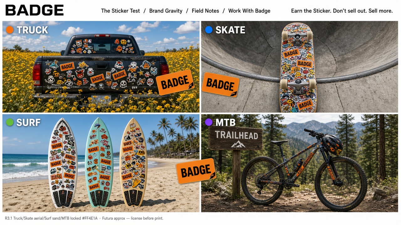 BADGE home R3.1 desktop collage — TRUCK, SKATE, SURF, MTB surfaces with Peel Orange stickers