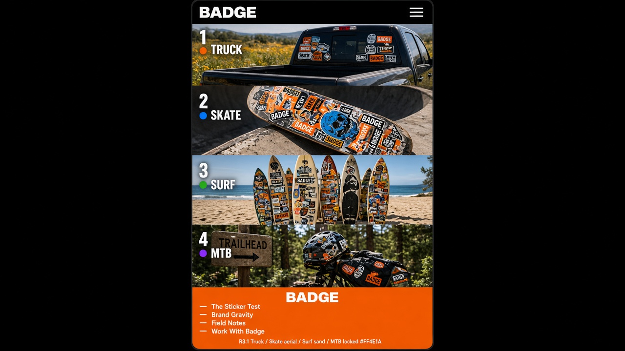 BADGE home R3.1 mobile collage — stacked TRUCK, SKATE, SURF, MTB